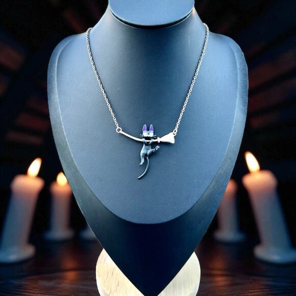 Kiki’s Delivery Service Jiji Cat Necklace Studio Ghibli Style Broomstick Spinner - Picture 2 of 6